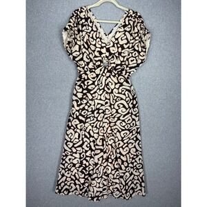 Sincerely Jules‎ Midi Dress Sz M Brown Cream Ruched Abstract Artsy Cruise Resort